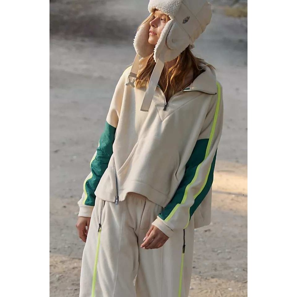 Free People Movement Women's Arena Stripe‎ Half Zip Pullover Ivory Green Small